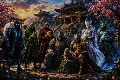A vibrant fantasy scene featuring a diverse group of mythical warriors and creatures—including a dark armored figure, a white-haired being, and armored beasts—gathered before ancient pagodas under a sunset sky with cherry blossoms.