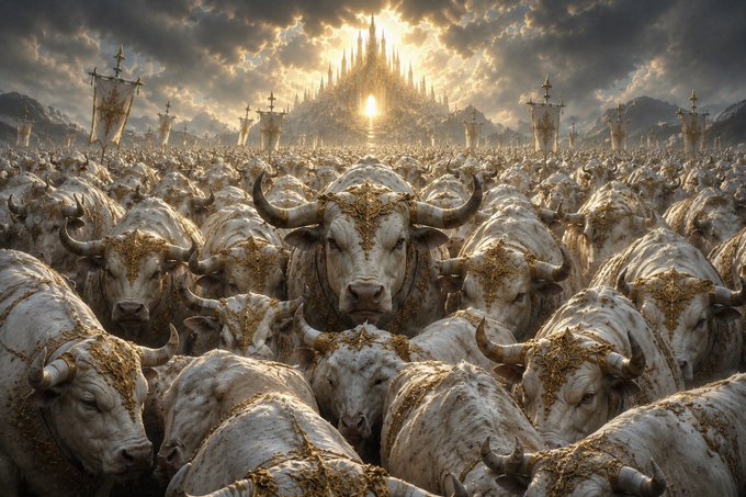 A dramatic fantasy illustration of a massive herd of white, gold-adorned oxen/bulls charging toward the viewer, with knights on horseback, banners, and a glowing golden castle in the background.