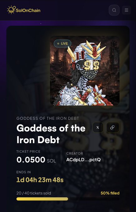 The image shows a screenshot of an online marketplace called SolOnchain, which focuses primarily on collecting and trading cryptocurrencies. The main focus of this platform is on the auction and sale of digital assets or tokens. There are currently only 20 entries remaining for the auction related to the "Goddess of the Iron Debt". In addition, there's a 50% chance that all tickets will be sold at once. Users have an option to bid directly on the token listing, which can help them acquire these digital assets quickly and efficiently. The post emphasizes the impending expiration of the auction in approximately 4 hours or 20 minutes, suggesting that anyone interested should take action before it is too late to get their desired asset.
