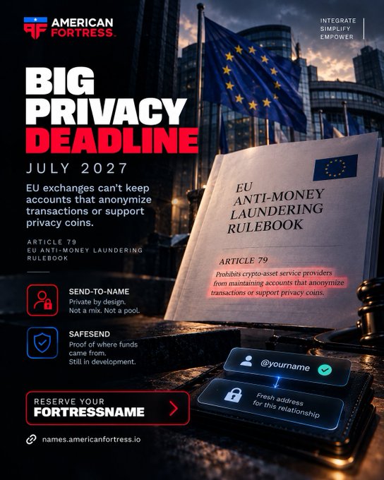 An American Fortress graphic advertises a “BIG PRIVACY DEADLINE JULY 2027,” referencing EU anti-money laundering rules, crypto-asset privacy, “SEND-TO-NAME,” “SAFESEND,” and “FORTRESSNAME.”