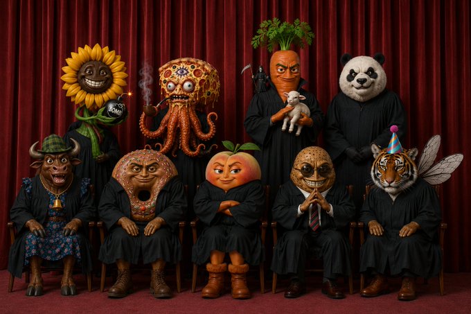 A surreal group portrait of eccentric figures wearing oversized heads—including a sunflower, octopus, carrot, panda, bull, donut, peach, and tiger—dressed in black robes against a red curtain backdrop, with a small "Supreme" label visible on the sunflower figure's chest. The bizarre "Supreme Rot" tableau appears to satirize a Supreme Court of absurd, anthropomorphic characters, blending food, animal, and object imagery into a judicial parody.