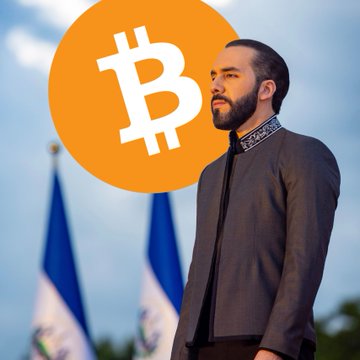 A man stands in profile wearing a formal jacket with embroidered detailing, positioned in front of blurred flags with a large orange Bitcoin logo graphic overlaid on the image. The Bitcoin symbol and his formal appearance relate to the post about El Salvador's IMF financial dealings concerning its BTC accumulation policies.