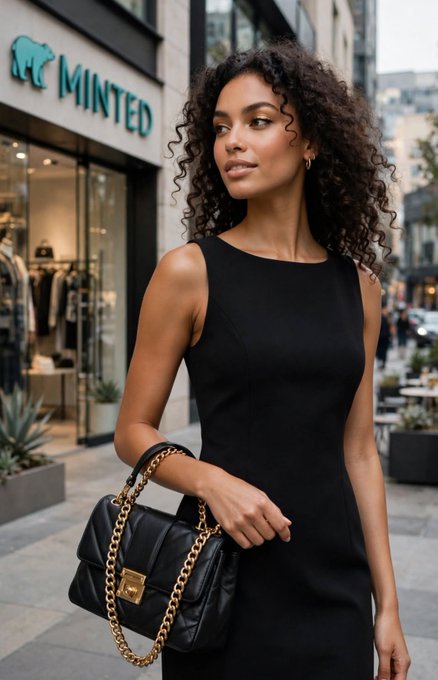 A woman with curly hair wearing a sleek black sleeveless dress stands on a city street holding a black quilted handbag with a gold chain strap, with a 'MINTED' storefront visible behind her.