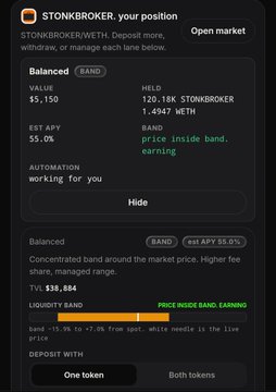 A STONKBROKER app interface showing a balanced position of $5,150 with 120.18K STONKBROKER held, 55.0% EST APY, and price inside band earning status.