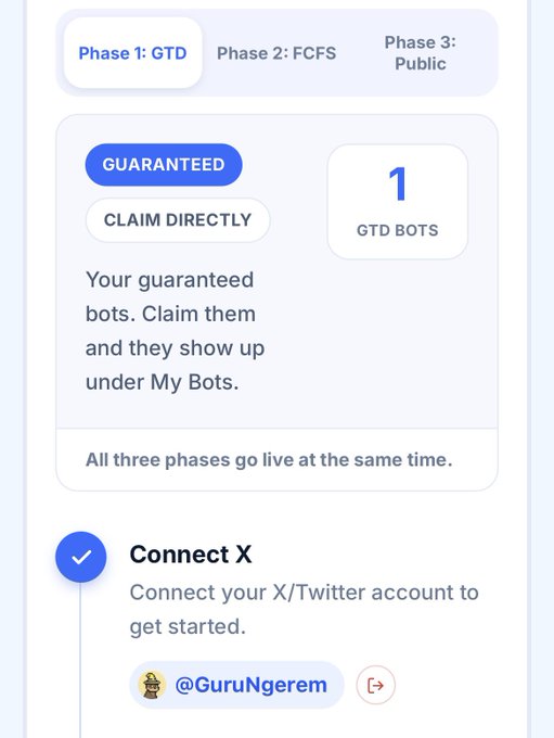 A token-allocation interface showing “Phase 1: GTD,” “Phase 2: FCFS,” and “Phase 3: Public,” with “GUARANTEED,” “CLAIM DIRECTLY,” “1 GTD BOTS,” and a “Connect X” step for @GuruNgerem.