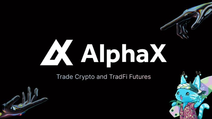 A promotional banner for 'AlphaX - Trade Crypto and TradFi Futures' featuring a white logo, a metallic robotic hand, and an anime-style cat character in traditional attire on a black background.
