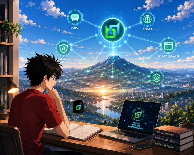Anime illustration of a young man at a desk looking at a laptop displaying 'Privacy, Freedom, Decentralization', with floating holographic icons for BCHAT, BELNET, BELDEX BROWSER, BNS, and Privacy Layer, alongside books titled 'Digital Privacy' and 'Decentralized Future'.