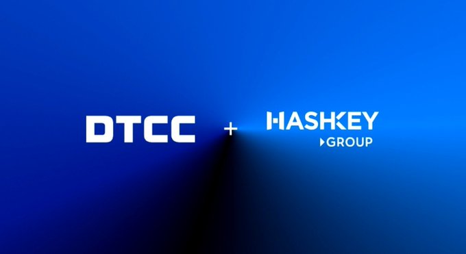 The image features a blue gradient background displaying the logos "DTCC" and "HASHKEY GROUP" separated by a plus sign, visually representing the partnership between the two firms as HashKey joins DTCC's digital asset working group.