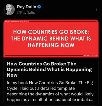 The image shows a tweet from Ray Dalio (@RayDalio) promoting his book "How Countries Go Broke: The Dynamic Behind What is Happening Now," featuring a red graphic with the title "PRINCIPLED PERSPECTIVES." This relates to the accompanying post about Dalio warning investors about unsustainable debt cycles and recommending Bitcoin, as the tweet preview discusses the "dynamics of what would likely happen as a result of unsustainable imbalances"—the very economic concerns driving his advice to buy Bitcoin as a hedge.