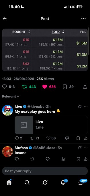 A mobile screenshot showing a post with a trading table displaying bought and sold prices for tokens at $10, $16, and $43, resulting in profits of $1.5M, $1.3M, and $1.2M respectively. The post has 25K views and includes a reply from user 'kivo' with a link.