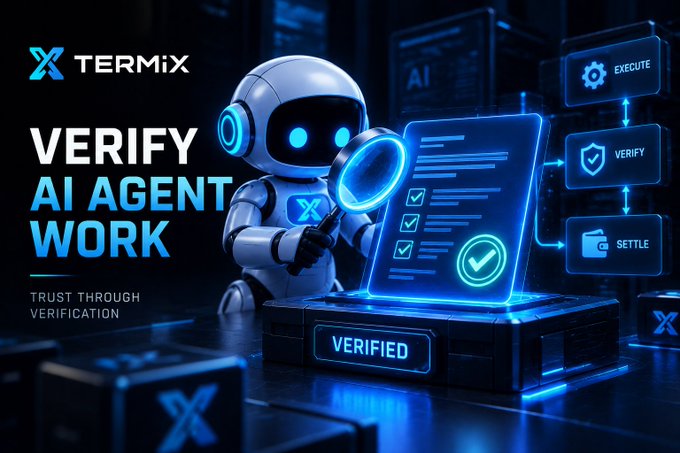 A promotional graphic for TERMiX featuring a robot with a magnifying glass examining a checklist, with the text 'VERIFY AI AGENT WORK' and 'TRUST THROUGH VERIFICATION' alongside buttons labeled EXECUTE, VERIFY, and SETTLE.