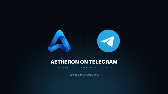 A promotional graphic for Aetheron on Telegram features blue logos and text reading 'CHANNEL • COMMUNITY • BOT, coming in the next few days.'