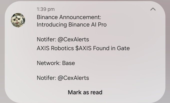 A mobile notification from @CexAlerts announces a Binance AI Pro feature and notes that AXIS Robotics token ($AXIS) was found on the Gate exchange via the Base network.