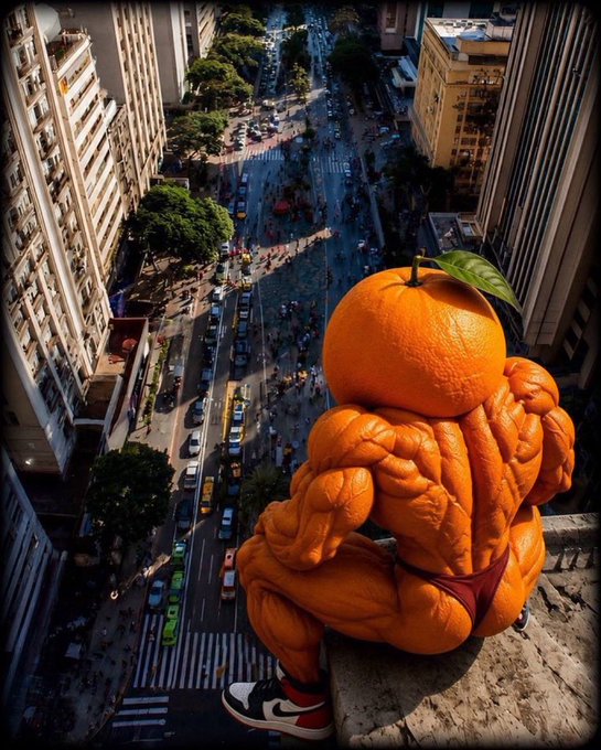 A muscled figure with an orange for a head sits overlooking a busy city street, symbolizing the resilience of $UDIN's community despite market challenges.