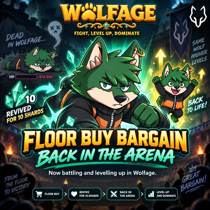 A promotional graphic for 'WOLFAGE' with the tagline 'FIGHT, LEVEL UP, DOMINATE' featuring an anthropomorphic wolf character and text reading 'FLOOR BUY BARGAIN BACK IN THE ARENA'.