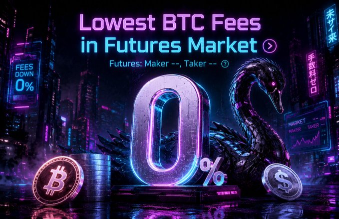 A crypto advertisement featuring neon purple and blue graphics with the text 'Lowest BTC Fees in Futures Market', displaying '0%' fees, 'Maker 0%, Taker 0.02%', and 'FEES DOWN 0%', alongside Bitcoin coins and a futuristic cityscape.