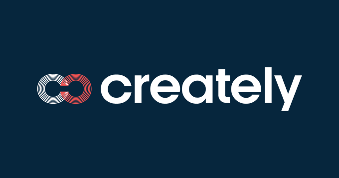 The logo for 'creately' is displayed in white text on a dark blue background, featuring an infinity-style symbol in red and white.