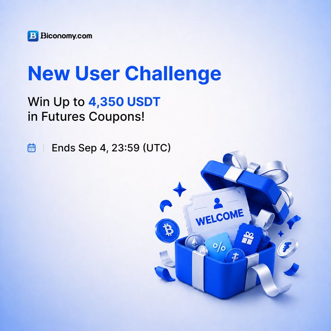 A promotional graphic for Biconomy.com featuring a 'New User Challenge' offering up to 4,350 USDT in Futures Coupons, ending Sep 4 at 23:59 UTC, alongside a blue gift box with crypto-themed icons.