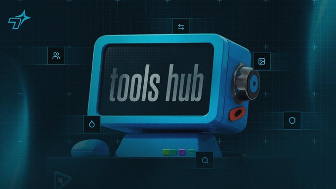 A 3D-rendered blue retro-style monitor displaying the text "tools hub" sits against a dark grid background, surrounded by floating icon tiles (person, image, undo, shield, droplet, search) that represent various Web3 utilities. The imagery visually reinforces the post's message by presenting the Tools Hub as a centralized "screen" where users can find all their trusted Web3 resources in one place—wallets, block explorers, faucets, and DEXes—rather than searching across scattered timelines.