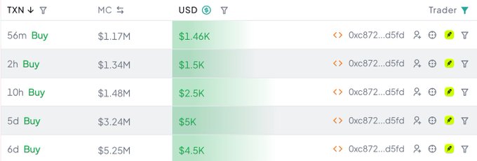 A cryptocurrency transaction table showing 'Buy' orders for TXN in MC and USD, with the same trader '0xc872...d5fd' appearing across multiple timeframes.