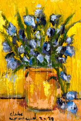 A vibrant painting of blue flowers in a yellow vase against a yellow background, signed by the artist.