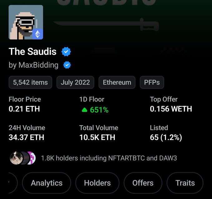 An NFT collection profile page on OpenSea for 'The Saudis by MaxBidding', showing 5,542 items, a floor price of 0.21 ETH, and 1.8K holders.