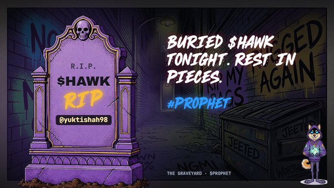 A purple-toned cartoon graveyard graphic featuring a tombstone reading 'R.I.P. $HAWK RIP @yuktishah98' alongside the text 'BURIED $HAWK TONIGHT. REST IN PIECES. #PROPHET'.