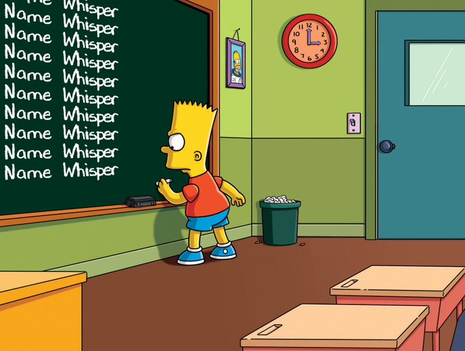 An edited image of Bart Simpson in a classroom repeatedly writing 'Name Whisper' on a chalkboard.