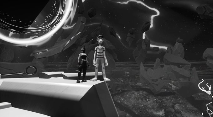 Two avatars stand on a white platform in a black-and-white space scene with lightning and floating asteroids.