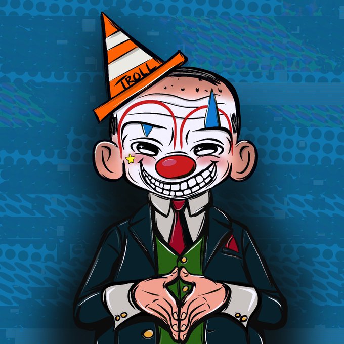 A digital cartoon illustration depicts a sinister clown-like figure wearing a suit and an orange traffic cone hat labeled 'TROLL'.