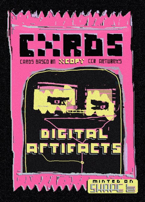 Pink and black punk-style digital artwork poster reading 'CARDS - CARDS BASED ON SCOREY CC0 ARTWORKS - DIGITAL ARTIFACTS' with 'MINTED ON CHAIN' tag and a stylized face wearing sunglasses.