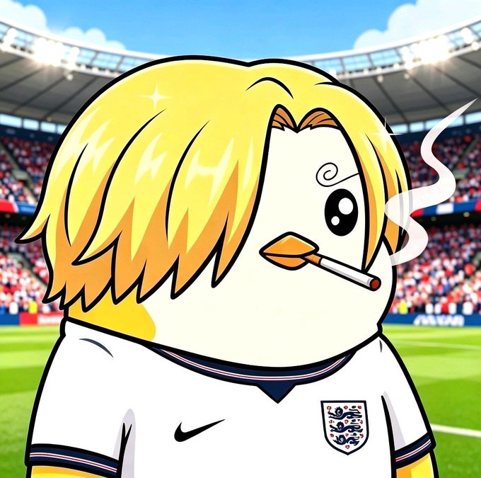 An anime-style illustration of a bird-like character with blonde hair smoking a cigarette, wearing an England national team Nike jersey, set against a stadium backdrop.
