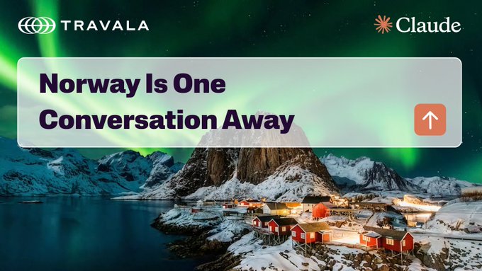 The image shows a stunning Norwegian village with red cabins set against snow-capped mountains and a vibrant green aurora borealis filling the night sky, featuring a text overlay reading "Norway Is One Conversation Away" with Travala and Claude branding. This visually reinforces the post's message about easily planning trips to destinations like Norway through an AI-powered booking conversation.