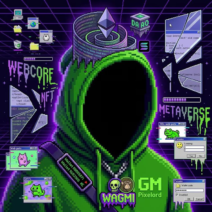 Pixel art illustration of a figure in a green hoodie with a blacked-out face, surrounded by cyber/tech-themed elements including 'WEBCORE NFT,' 'METAVERSE,' 'DA AO,' 'GM Pixelord,' 'WAGMI,' and various retro computer interface windows.