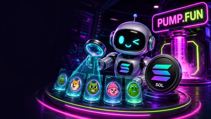 A neon-styled digital illustration features a smiling robot holding a magnifying glass over holographic dog and character tokens, with a 'PUMP.FUN' sign and a 'SOL' coin in the background.