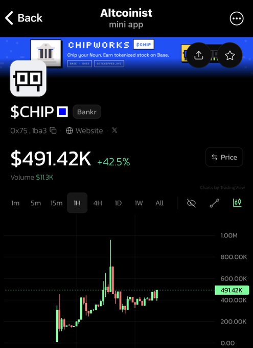A cryptocurrency trading app called Altcoinist displays the $CHIP token (on the Base network) showing a price of $491.42K, up 42.5%, with a 1-hour candlestick price chart powered by TradingView.