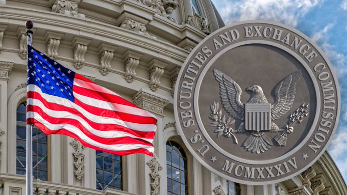 The image shows the U.S. Securities and Exchange Commission (SEC) building with an American flag flying in front of it, alongside an overlaid SEC seal featuring an eagle and the Roman numerals "MCMXXXIV" (1934). The image directly illustrates the accompanying post about the SEC reworking its crypto custody rules, visually representing the regulatory agency at the center of the proposed policy changes.
