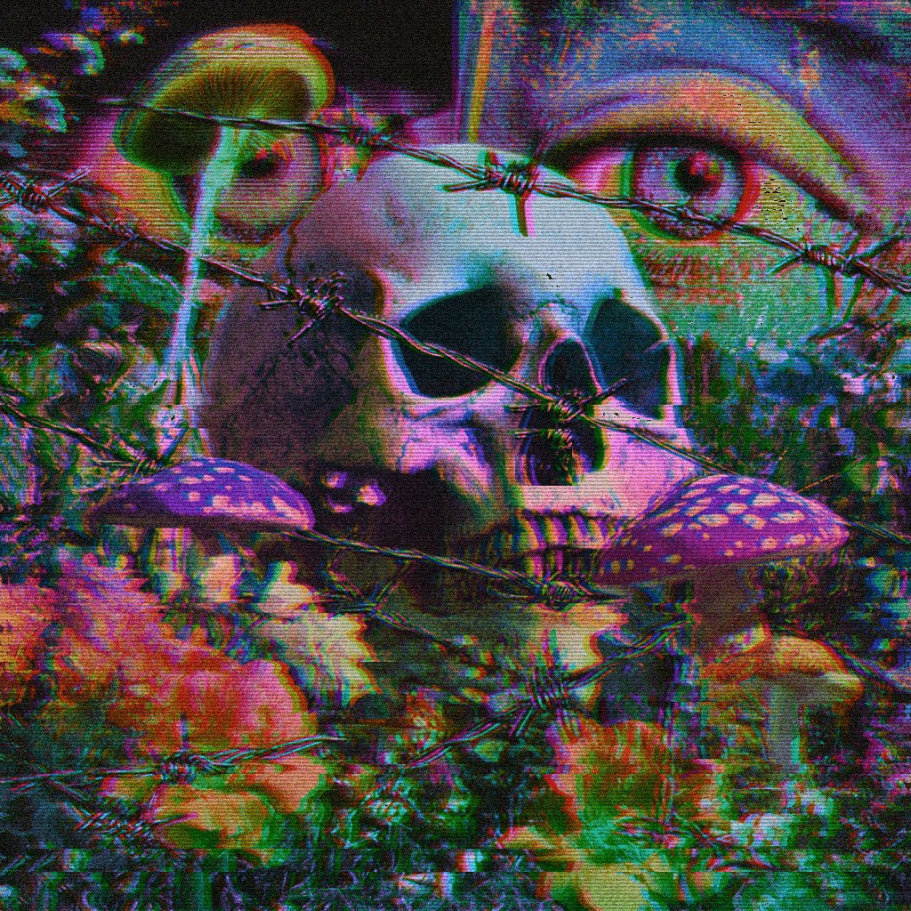 The image features a skull with a barbed wire fence surrounding it, which has been edited to create an artistic effect that makes it appear as if the skull is being held captive by the fence. The background of the image includes various mushrooms and flowers, adding depth and complexity to the scene. The post also contains text that reads ">> DOPAMINE<< |||| 0.01 eth > 24h auction on @TransientLabs". This suggests that the image may be related to a sale or auction for a particular item, possibly a skull or other similar object.