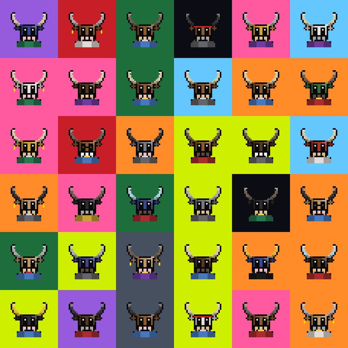 A grid of pixel-art character heads featuring horned helmets, displayed in various color combinations across a colorful pop-art style background.
