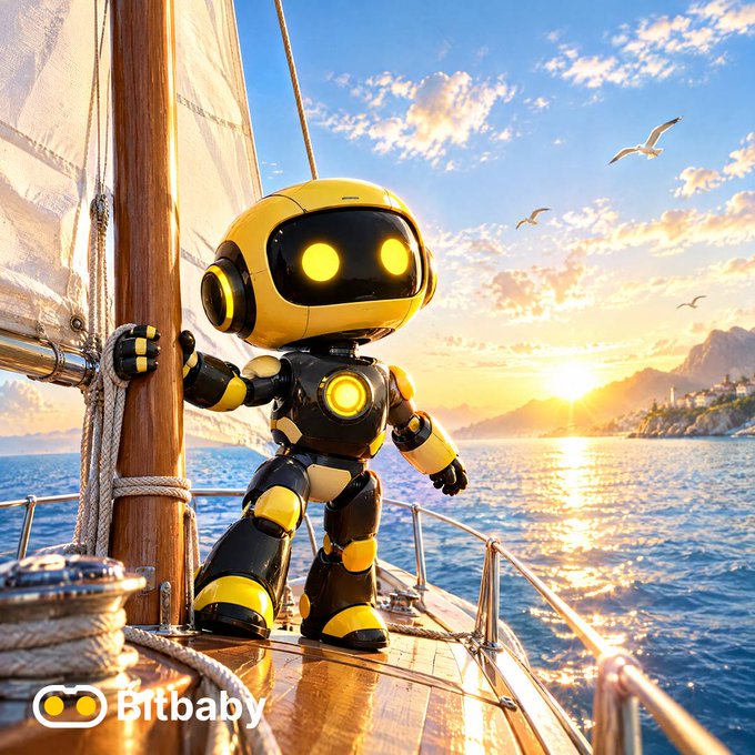A cute yellow and black robot character standing on a wooden sailboat deck with the sun setting over the ocean and seagulls flying overhead, branded 'Bitbaby'.