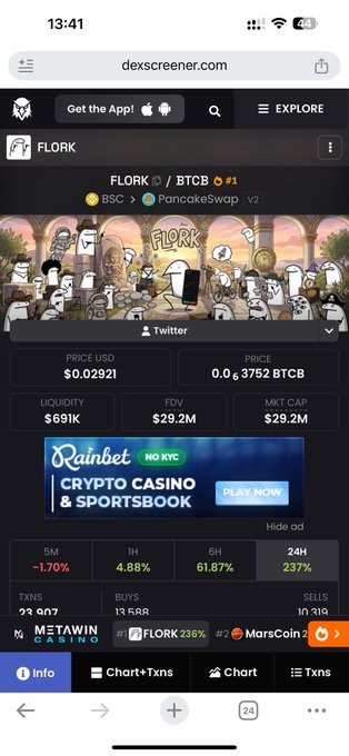 The image shows a DexScreener mobile page for the FLORK/BTCB token pair, displaying a current price of $0.02921 and a market cap of $29.2M, with notable gains of 237% over 24 hours and 238% over 1H. The "X2 right away" caption aligns with the chart data, which shows the token more than doubling in value within the last hour (4.88% 1H + 238% from another timeframe), reflecting strong bullish momentum.