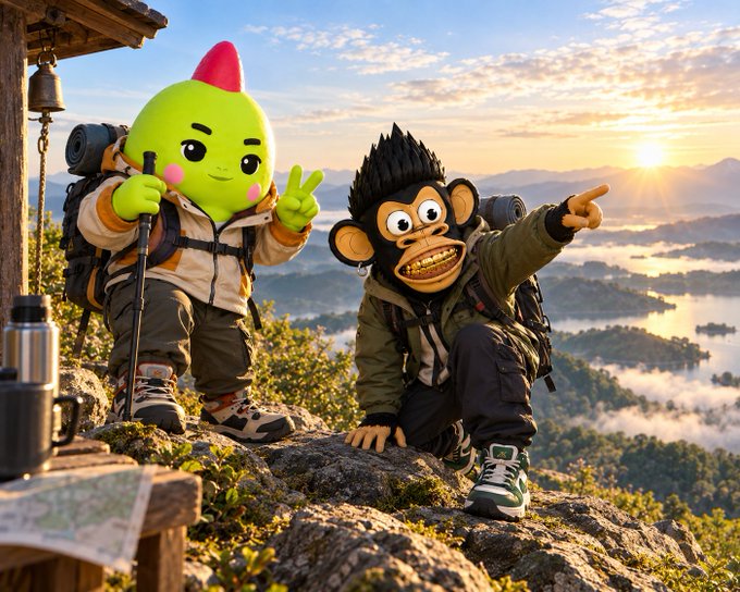 Two characters with large mascot-like heads—one green and one a chimpanzee—wearing hiking gear and posing on a rocky summit at sunrise.