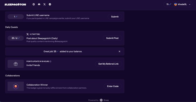 A Sleepagotchi dashboard showing daily quests, a Twitter post task, an invite friends section, and a collaboration winner code entry field, with 75 points in the user's balance.