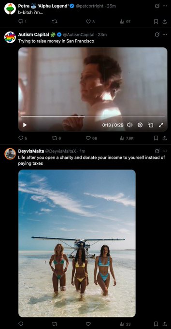 A screenshot of X (Twitter) posts featuring a video by Autism Capital captioned "Trying to raise money in San Francisco" and another post by DeyvisMalta with the caption "Life after you open a charity and donate your income to yourself instead of paying taxes" showing three women in bikinis with an airplane.