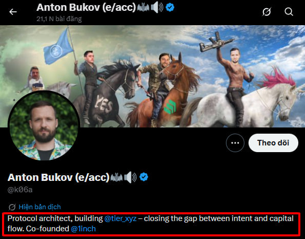Twitter/X profile for Anton Bukov (@k06a), co-founder of 1inch, with banner art showing figures on horseback. The bio reads: 'Protocol architect, building @tier_xyz – closing the gap between intent and capital flow. Co-founded @1inch.'