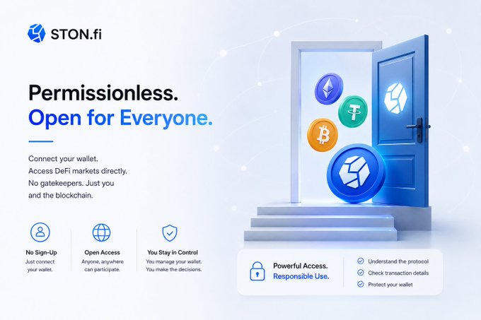 A promotional graphic for STON.fi, highlighting 'Permissionless. Open for Everyone.' with illustrations of a door opening to cryptocurrency coins (Ethereum, Tether, Bitcoin).