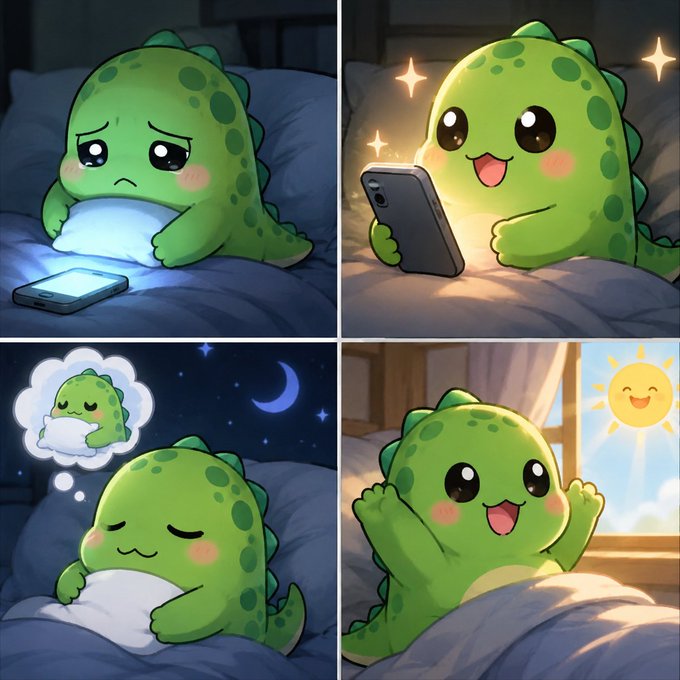 The image features a cartoon green dinosaur, possibly a Crocodile or alligator, sitting on a bed with its eyes closed while holding a cell phone. The dinosaur appears to be using the phone at night, which could suggest that it's trying to find information about sleep or simply enjoying some entertainment before going to bed. This scene is related to the post because it highlights how technology can be used in creative ways for personal well-being and relaxation, as seen with the cartoon character engaging with a cell phone while resting on a bed.