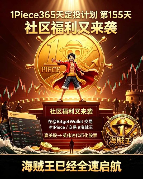 A promotional graphic with Chinese text announcing '1Piece365天定投计划 第155天' and '社区福利又来袭', featuring a One Piece-themed coin and the hashtag #海贼王.