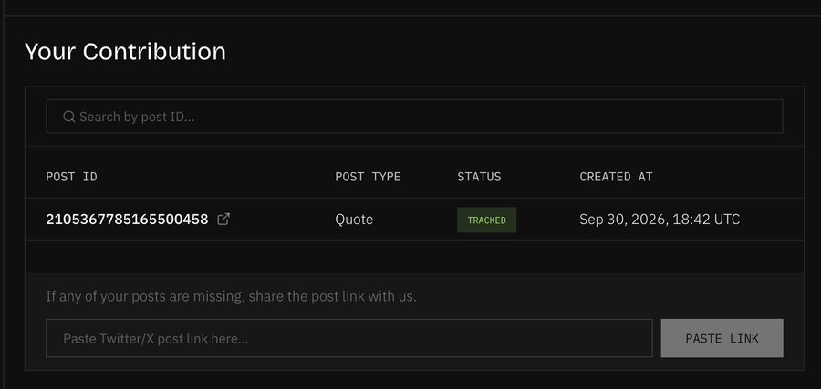 A 'Your Contribution' dashboard showing a tracked Quote post with ID 2105367785165500458, created on Sep 30, 2026 at 18:42 UTC, with a field to paste Twitter/X post links.