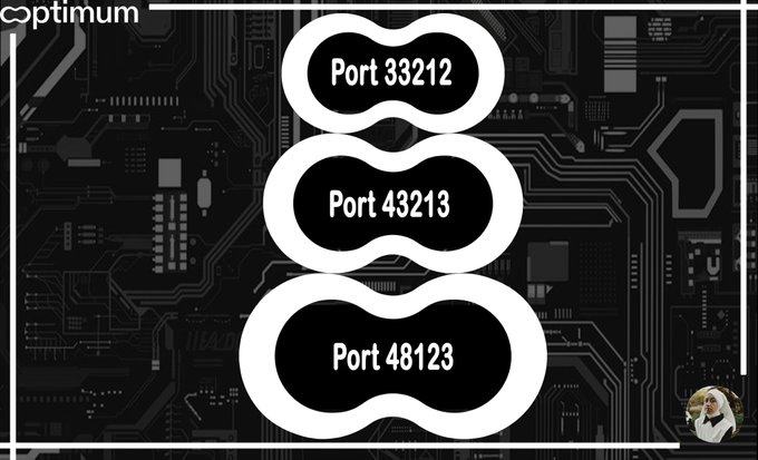 A stylized graphic with a dark circuit-board background highlights three bold white pill-shaped labels reading "Port 33212," "Port 43213," and "Port 48123," visually representing the three key Optimum Gateway port numbers emphasized in the accompanying post about troubleshooting setup issues.